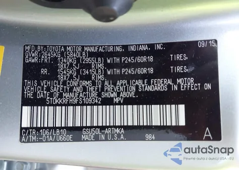 2015 Toyota Highlander Xle из США, поврежденный, VIN 5TDKKRFH9FS109342